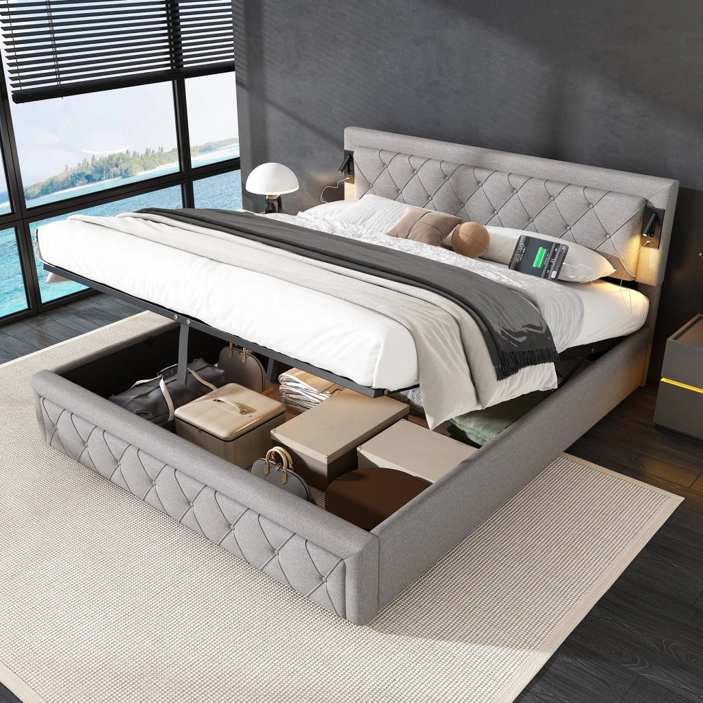 LETTO Contenitore 180x200 cm con downlight e USB, lino grigio