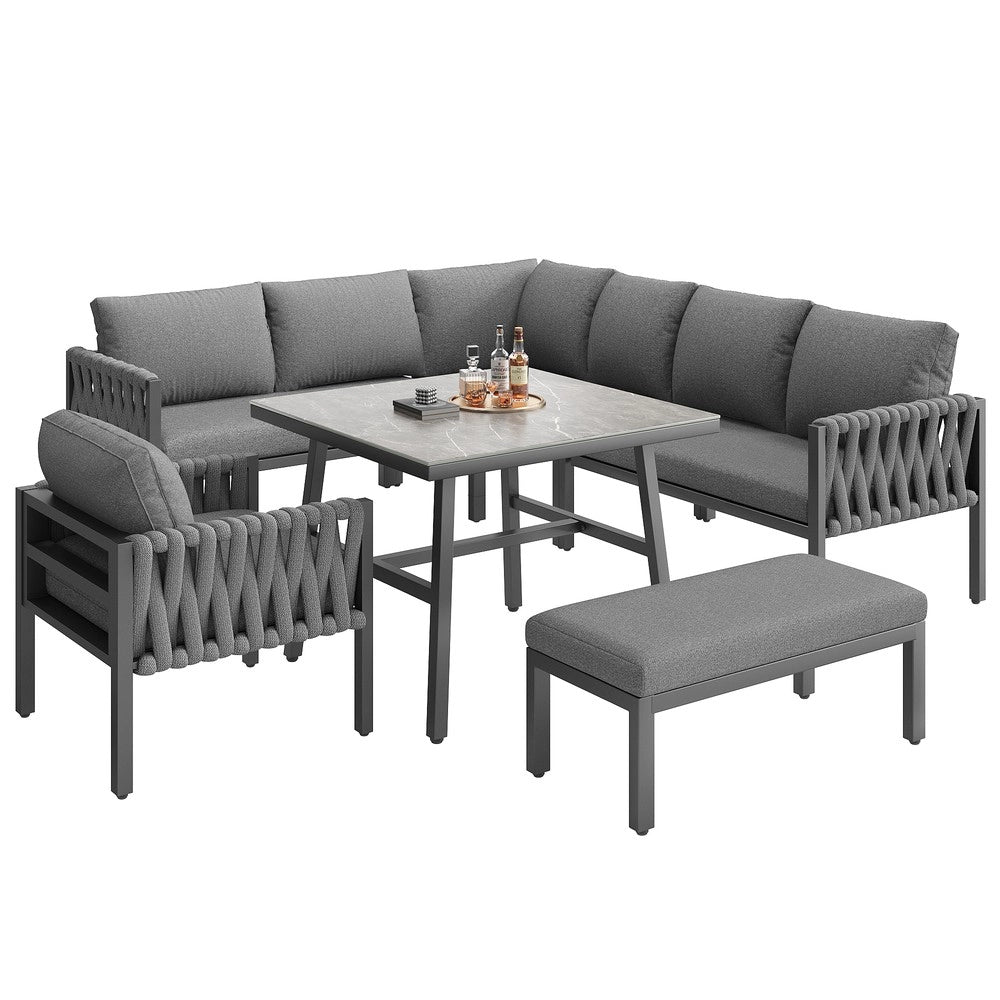 Set da giardino in ferro zincato - Zephmum - Gambe regolabili, divano angolare, piano in vetro temperato, cuscini inclusi, grigio