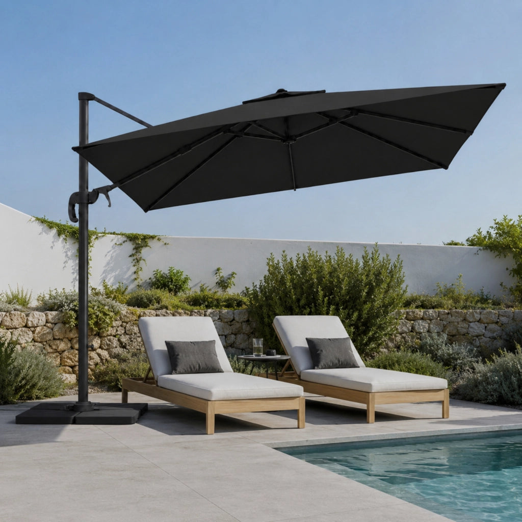 Ombrellone 3X4 M Con Braccio Retrattile E Rotabile A  360° Per Piscina Gazebo Terrazze Bar Hotel In Acciaio Inossidabile Telo 180 G M2 Resistente Ai Raggi UV Impermeabile Nero
