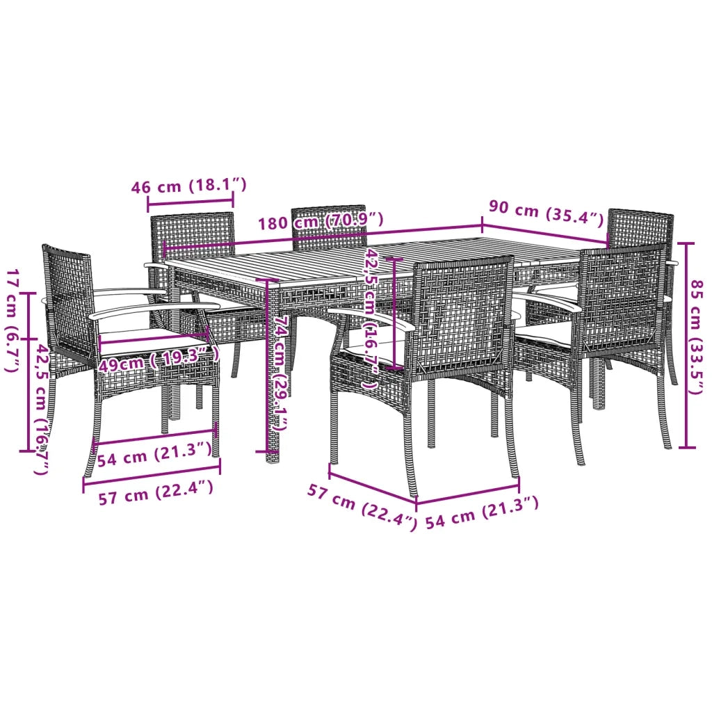 Set da Pranzo da Giardino 7 pz con Cuscini in Polyrattan Grigio