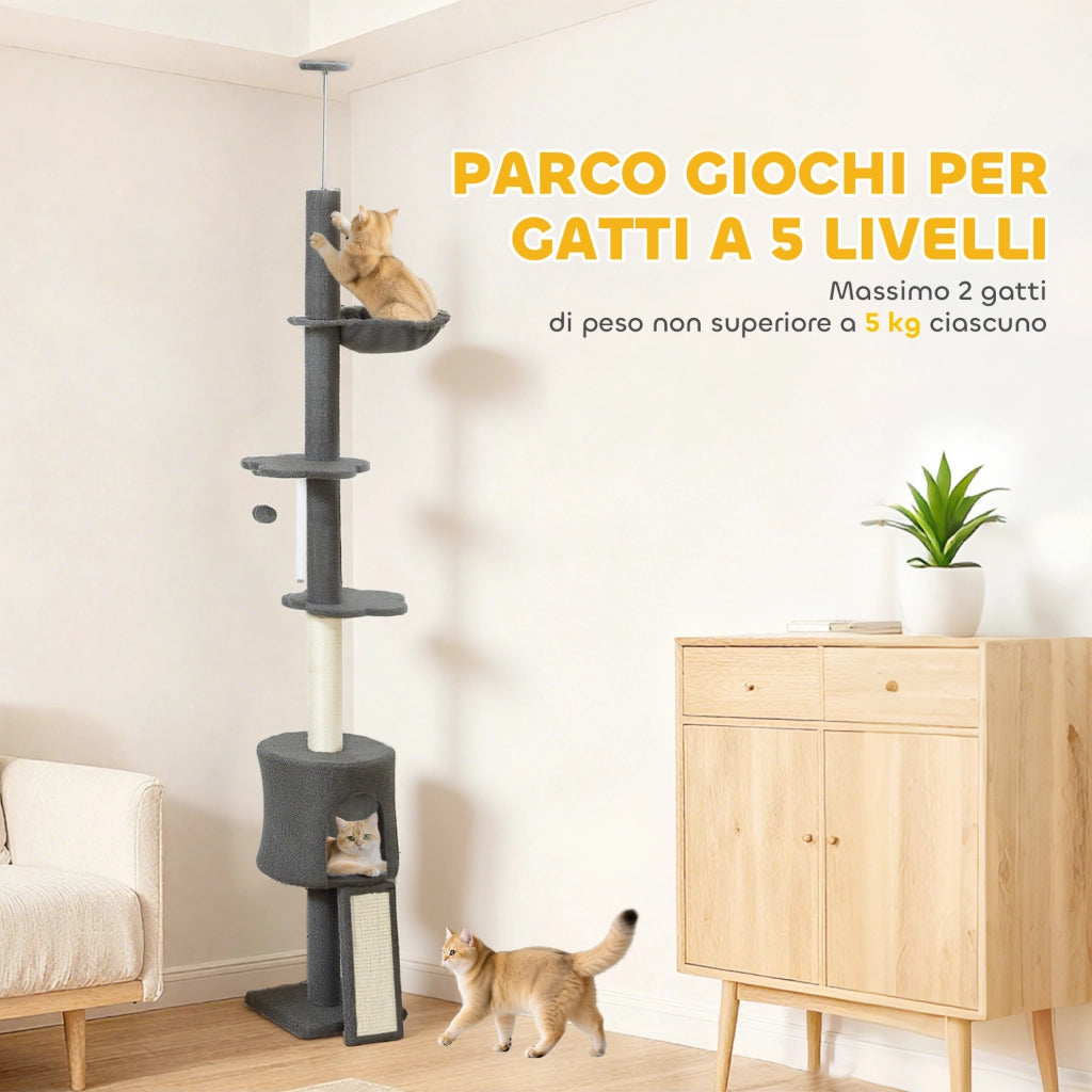 Albero per Gatti a Soffitto Alto con Casetta, Amaca e Piattaforme ¨C zephmum ¨C Grigio, 220-240 cm