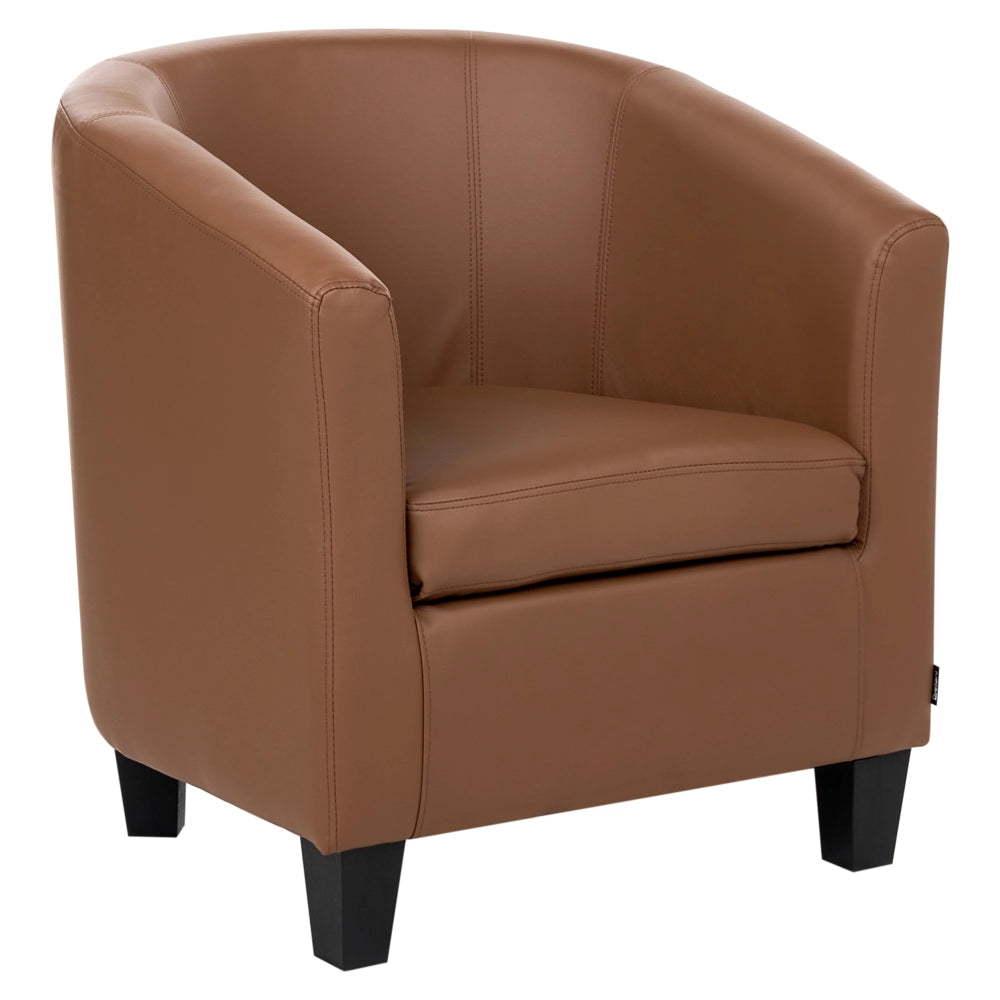 Poltrona Club Chair in ecopelle marrone, imbottita, con schienale basso, forma a vasca, design retrò