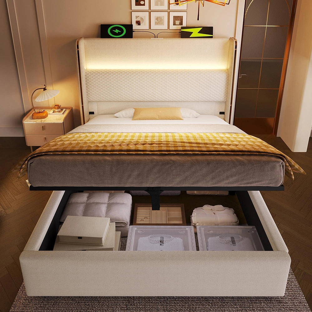 Letto 90x200cm?- Xylo - idraulico LED USB lino beige