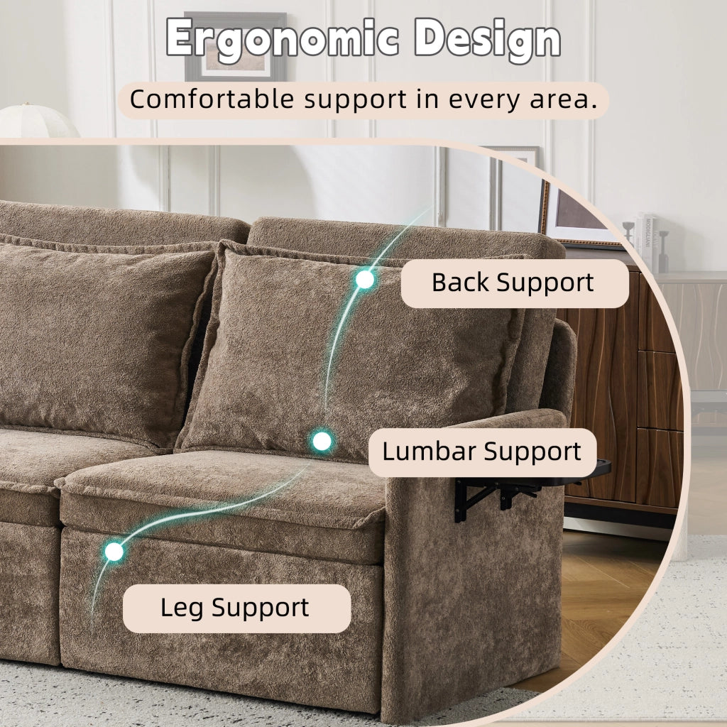 Divano letto con cuscini e USB, 3 in 1, schienale regolabile, contenitore, chenille, marrone ¨C Minimal