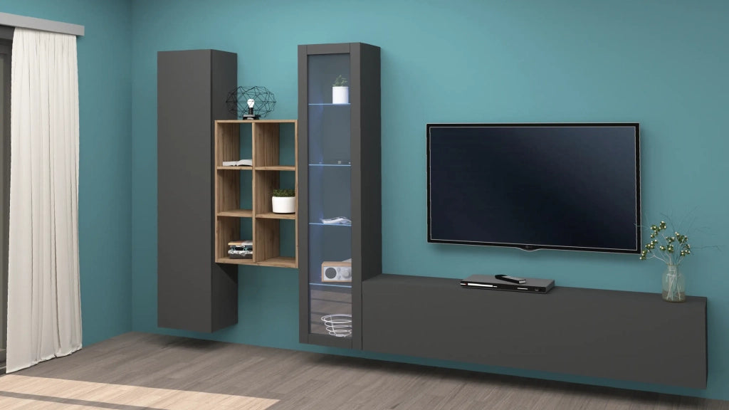 Parete attrezzata antracite moderna vetrina mobile TV libreria legno Rold RT