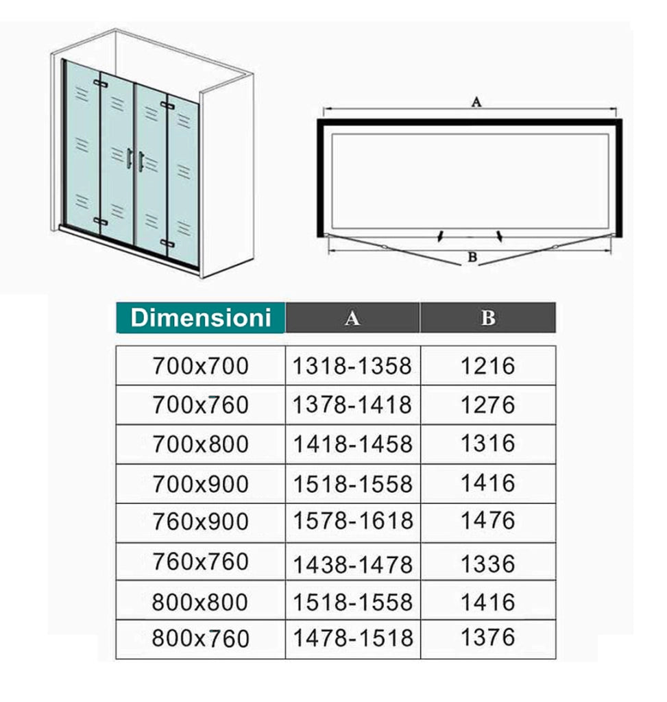 Box Doccia in Linea per Nicchia 185 cm Doppia Porta Battente 4 Ante Pieghevoli Saloon Vetro Temperato 6 mm Anticalcare 155 cm (70+90: 1518-1558 mm)