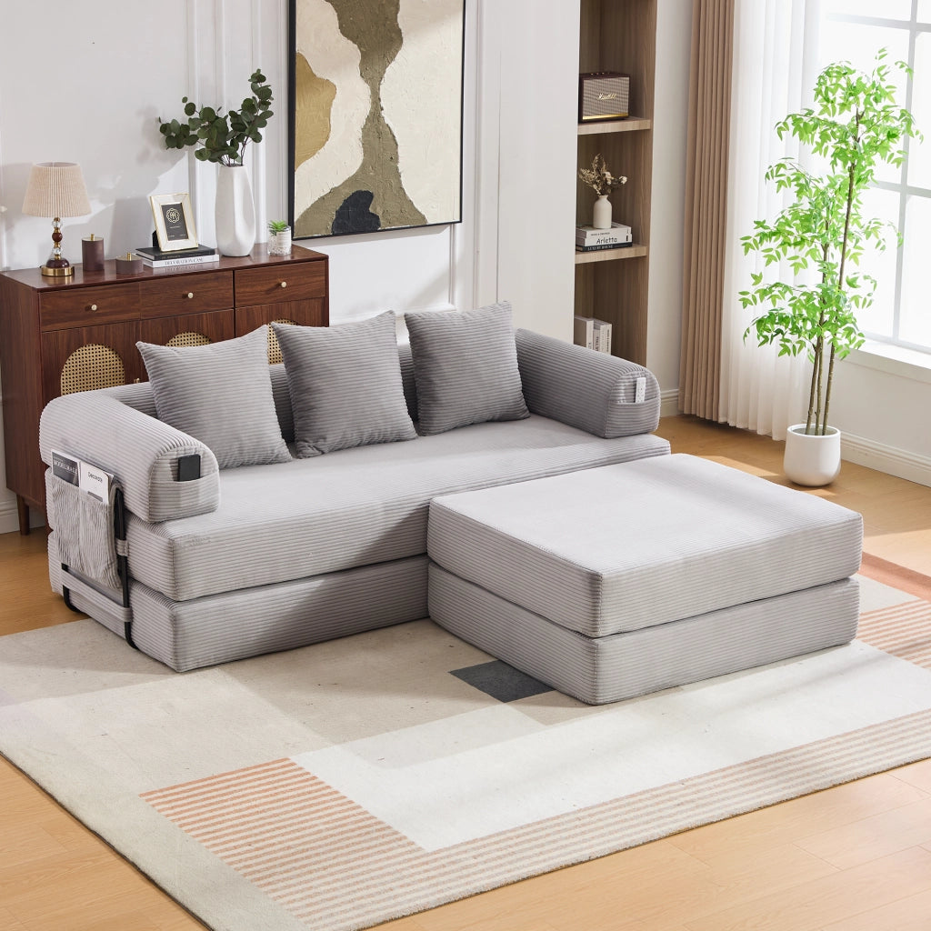 Divano modulare con pouf - Zephmum- Telaio metallico robusto, cuscini comodi, imbottitura extra spessa, combinabile liberamente, colore grigio chiaro