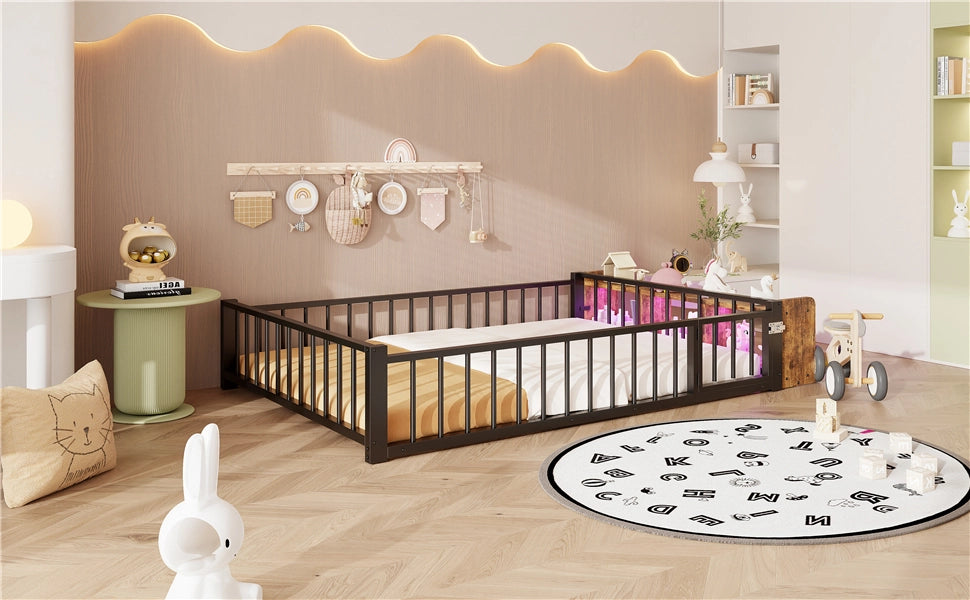 DESMIU Letto con barriera 2 posti, vano a giorno e LED, 140 × 200 cm, senza materasso, metallo e MDF nero