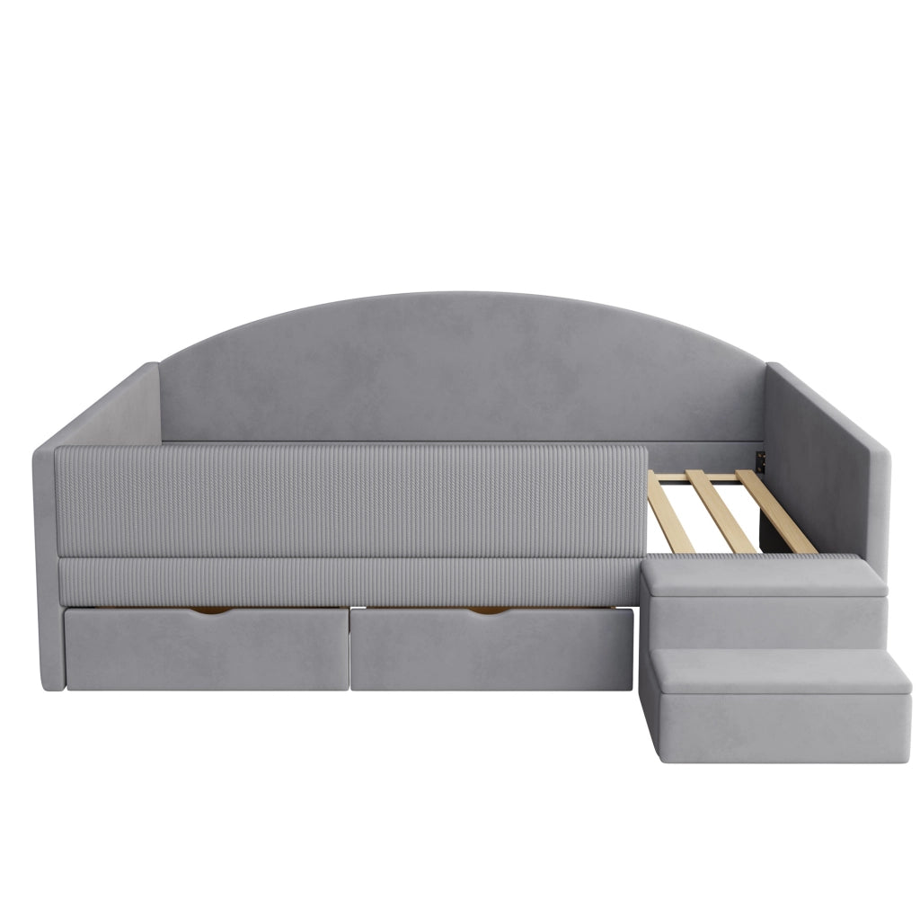 Letto imbottito 90x190 cm con due cassetti e scalini in velluto