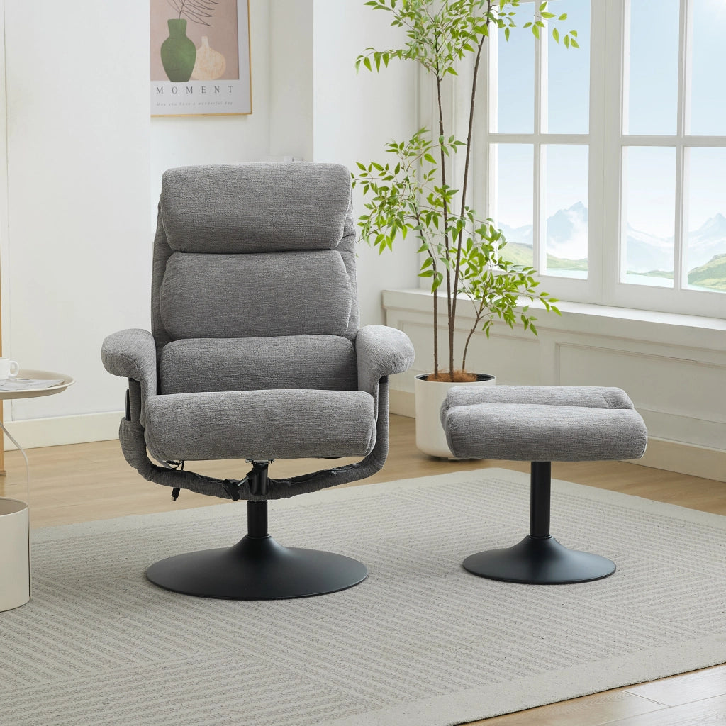 Fauteuil relax in ciniglia con massaggio a 5 punti, funzione riscaldante, girevole 360° e poggiapiedi grigio
