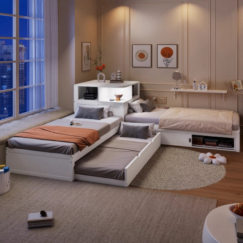 Letto singolo con letto estraibile 90x200 cm LEMONMAX, contenitore con ante scorrevoli e LED, salvaspazio per cameretta, pino e MDF, bianco