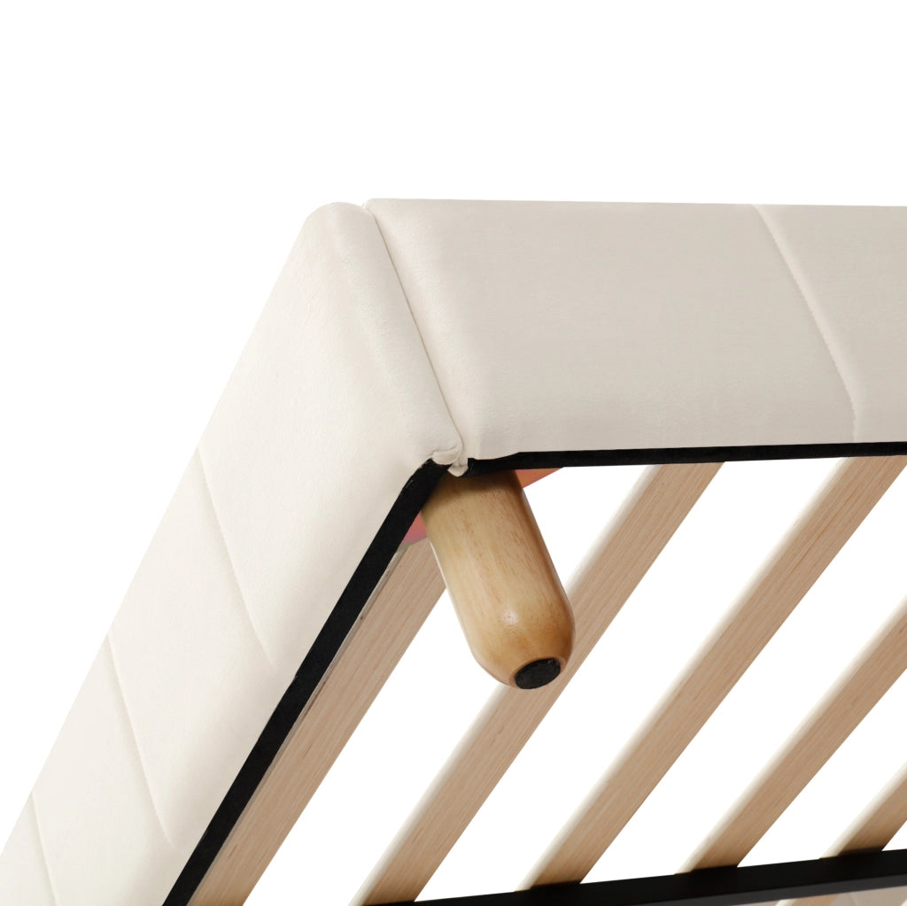 Lettino bambino 140x190 cm in velluto beige con testiera imbottita e barriera di sicurezza