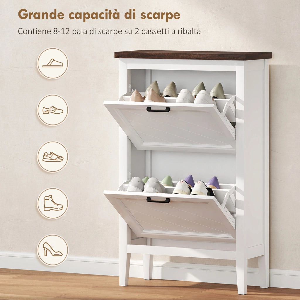 Scarpiera con 2 Cassetti Ribalta e Ripiani Regolabili ¨C Zephmum ¨C Bianco