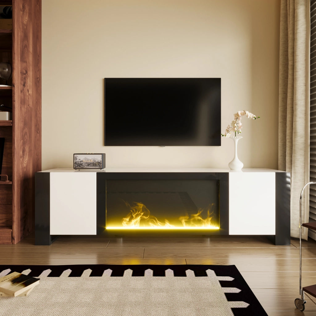 OKWISH Mobile TV con 2 Ante e Ripiani, Camino Elettrico con Effetto Fiamma senza Riscaldamento, per Soggiorno, 165 x 32 x 55 cm