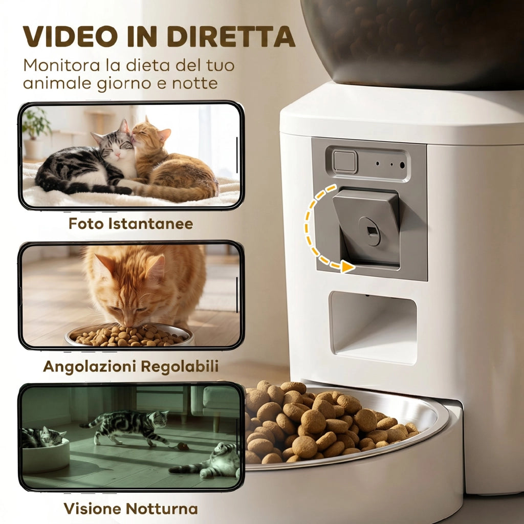 Distributore Automatico Cibo Gatti e Cani 4L WiFi 2.4G App Controllo con Telecamera Bianco
