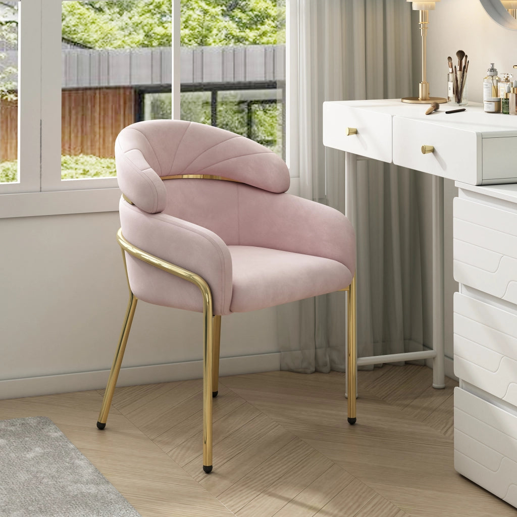 Sedia da pranzo singola con schienale ergonomico in velluto; 4 gambe in metallo; per soggiorno e camera; rosa