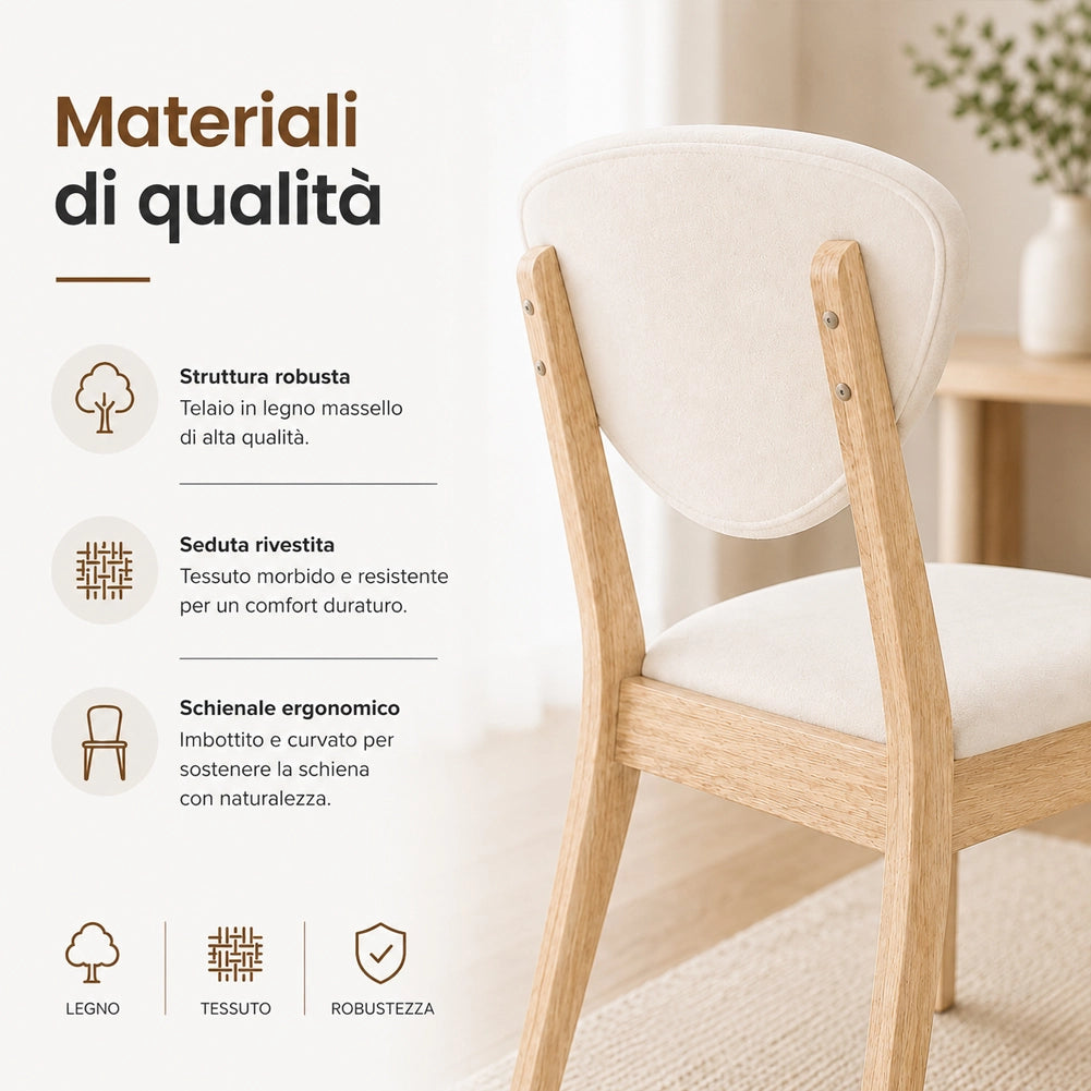 Set 2 Sedie da Pranzo in Legno Chiaro Rivestimento in Tessuto Crema 52x47x84 cm