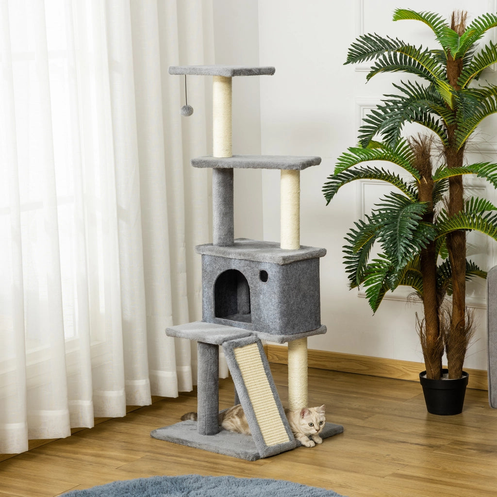 Albero Tiragraffi Multilivello con Casetta 48x48x125 cm Rivestimento in Peluche e Sisal Grigio