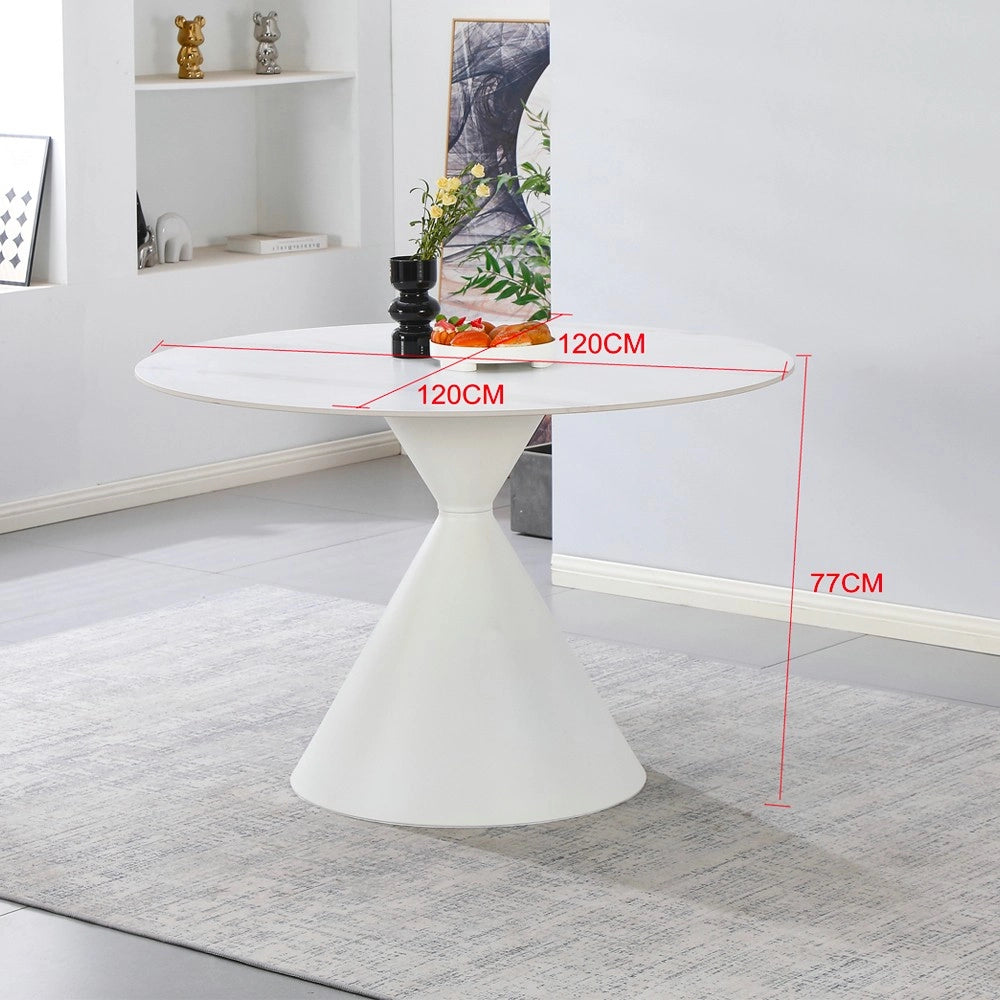 Tavolo Rotondo Taini Ø120 cm in Ceramica Effetto Marmo Bianco con Base Conica in Metallo