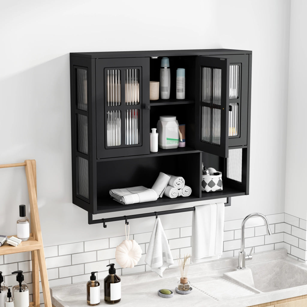 Mobile pensile da bagno moderno a 3 ante in MDF e vetro temperato, nero, con portasciugamani e ripiani regolabili