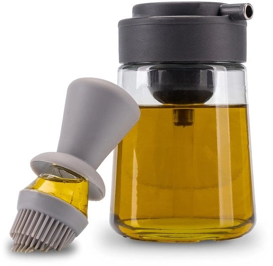Oliedispenser 3 in 1 con pennello e sifone - dispenser per olii e acidi - sbriciolatore di olii con pennello in silicone - flacone in vetro 350 ml - olii o acidi - pennello da cucina - colore antracite/grigio chiaro