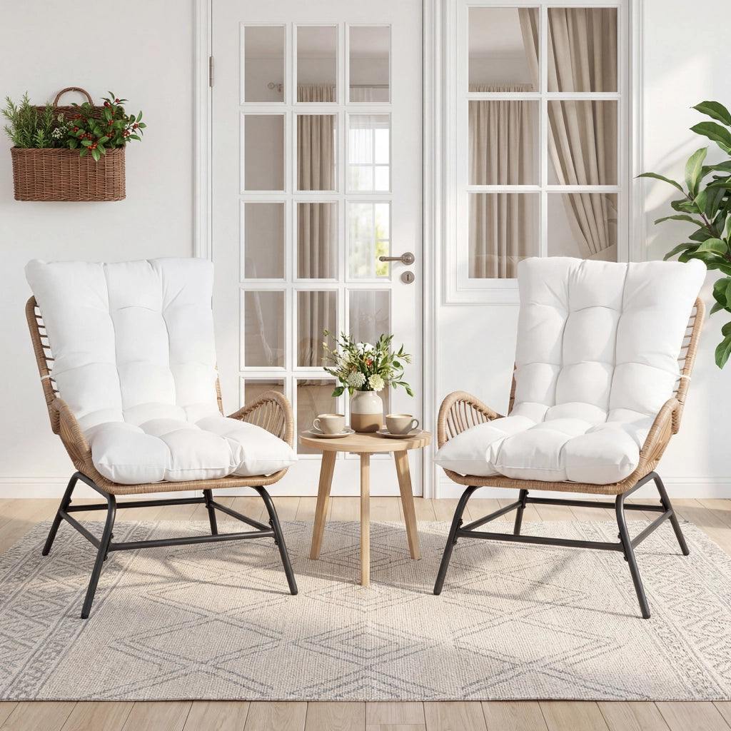 2*Sedia da pranzo in rattan con cuscino morbido e telaio di supporto in metallo, Poltrona da giardino per terrazza Bianco