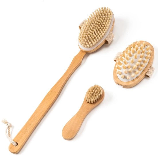 Tre pezzi di spazzole a secco con setole naturali di cinghiale - spazzola esfoliante per corpo, viso e piedi, spazzola per la schiena con lunga maniglia, meridiano per la drainaggio linfatico e la cellulite, rimovibile, 3 capi