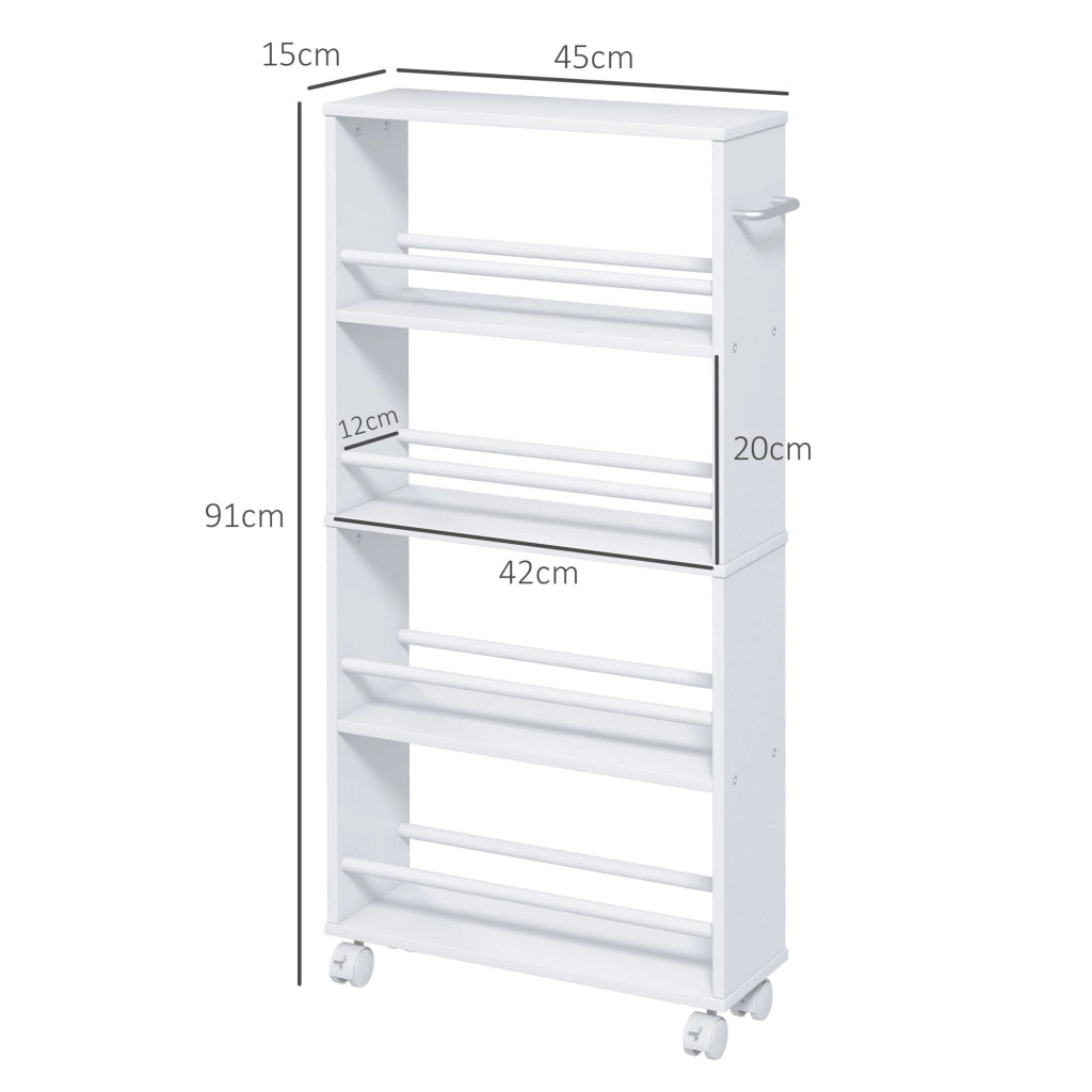 Libreria con Ruote, Stretto, 4 Ripiani ¨C Minimal ¨C Bianco 45x15x91 cm