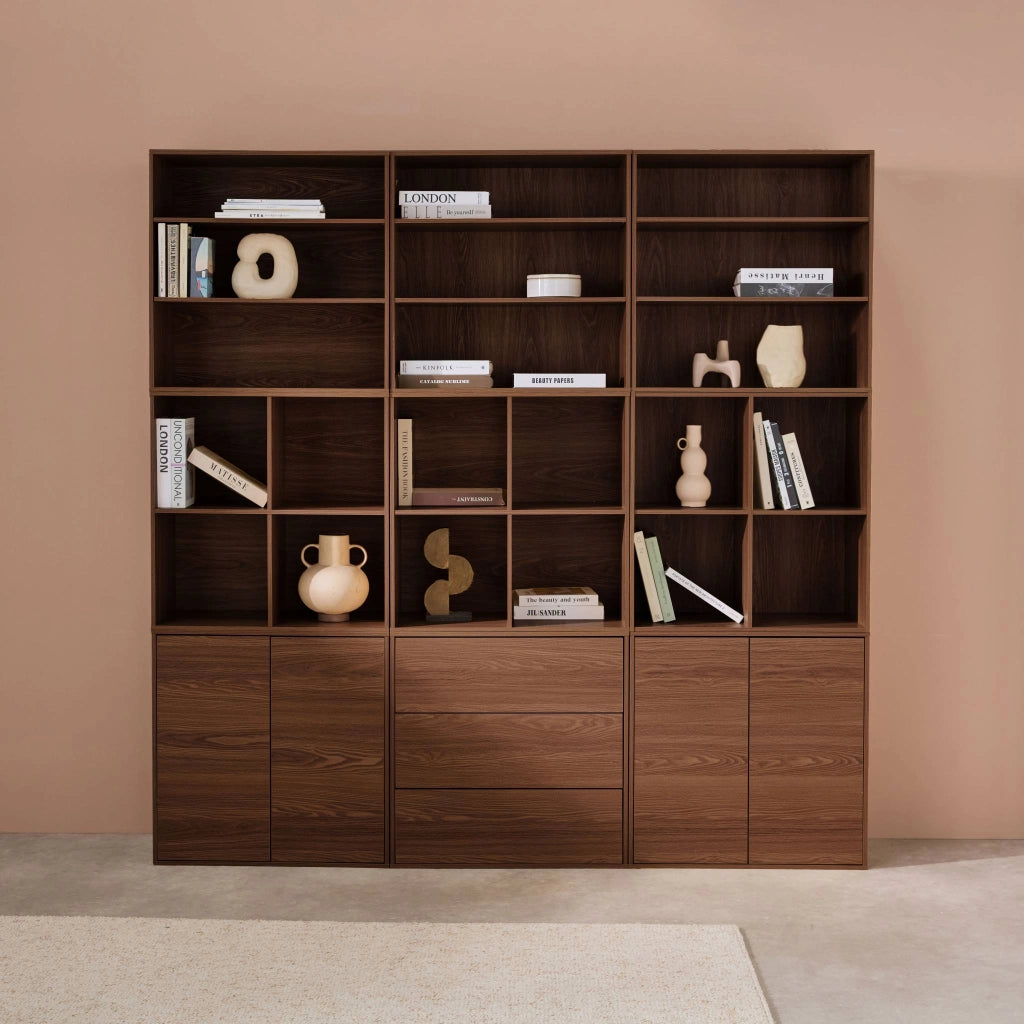 Libreria modulabile decorazione legno 9 elementi, noce
