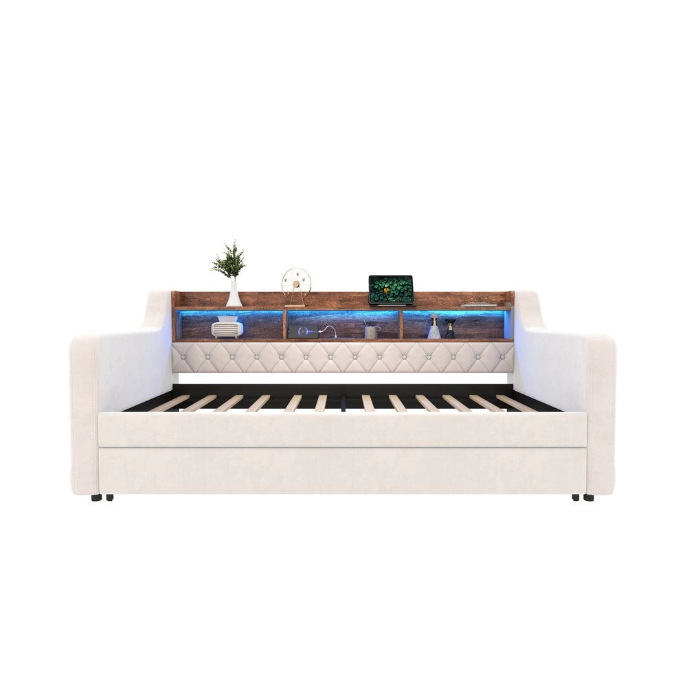 Divano Letto 90x190 in Velluto con Contenitore, LED e Struttura Metallo ¨C Xylo ¨C Beige