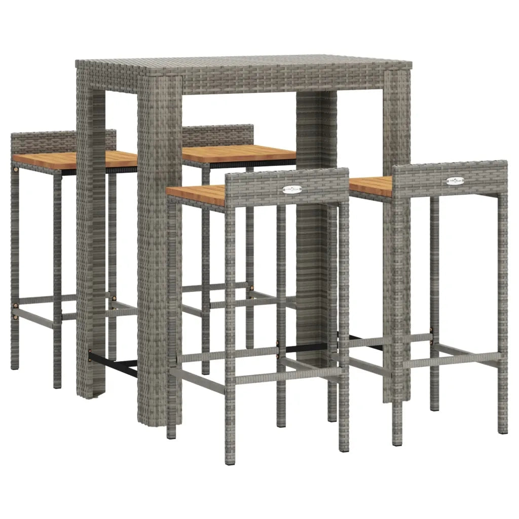 Set Bar Giardino 5pz | Set Salotto da Giardino Grigio Polyrattan e Legno Massello Acacia