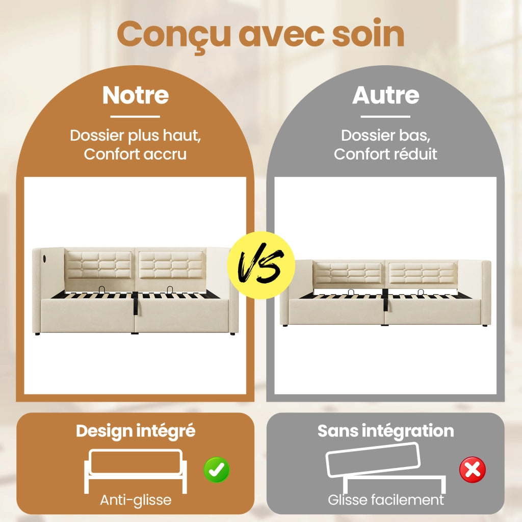 Letto a Divanetto 90 x 200 cm; Letto Singolo - Contenitore; USB e Type-C - Beige