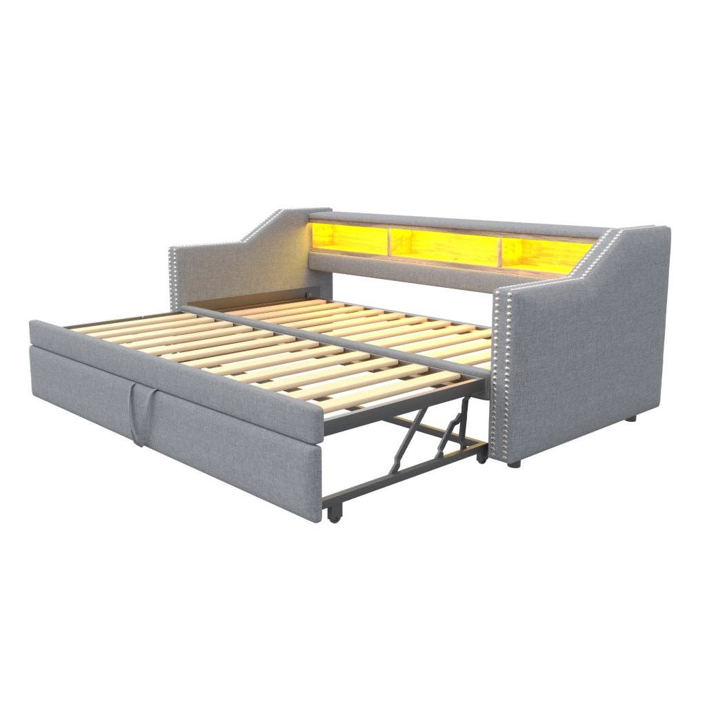 Divano letto 90x190 cm estraibile con vani portaoggetti; LED e USB in lino grigio chiaro