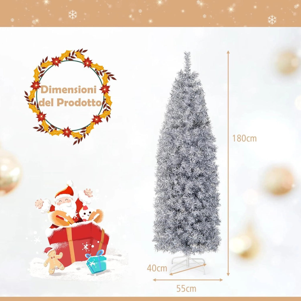 Albero di Natale Artificiale Pre-Illuminato da 180 CM, Albero di Natale Slim con 250 Luci LED, 475 Rami, Base Pieghevole in Metallo, Decorazioni Natalizie per Ufficio e Casa