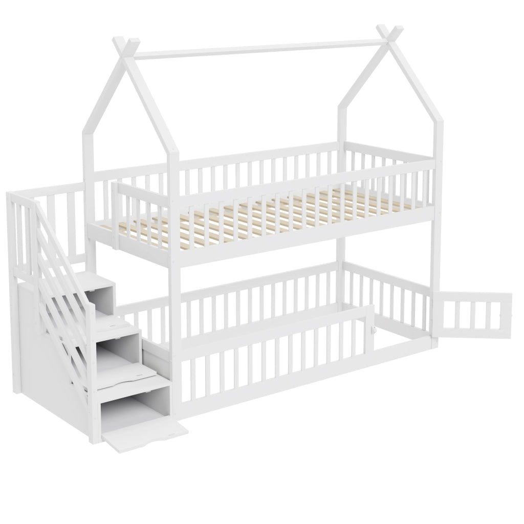 Letto a castello per bambini 90×200 cm con tetto; scala e cassetti contenitori; senza materasso; in legno massiccio bianco