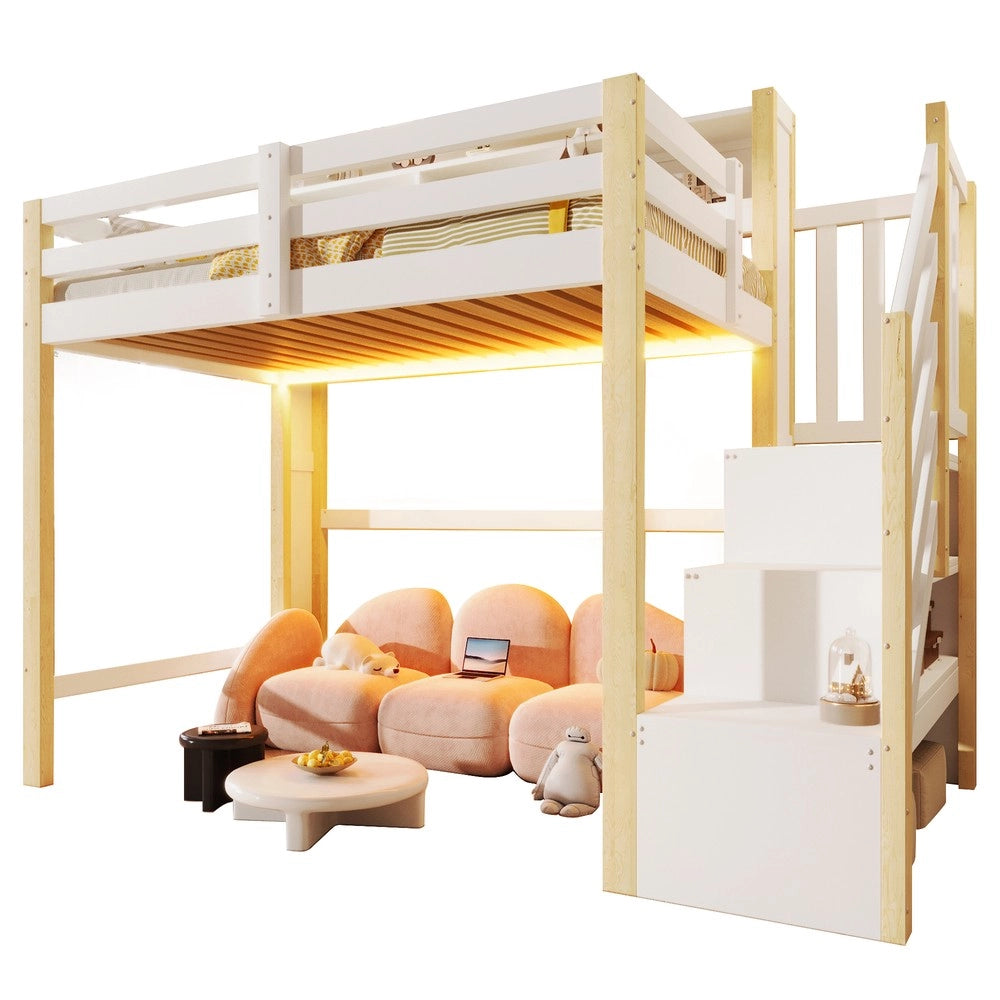 Letto a Soppalco con LED e Contenitore ¨C MINIMAL ¨C Bianco/Natura, 90x200