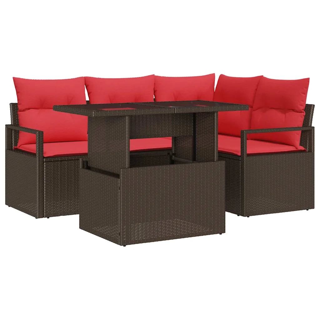 Set Divano da Giardino 5 pcs Marrone e Rosso polyrattan 3348820