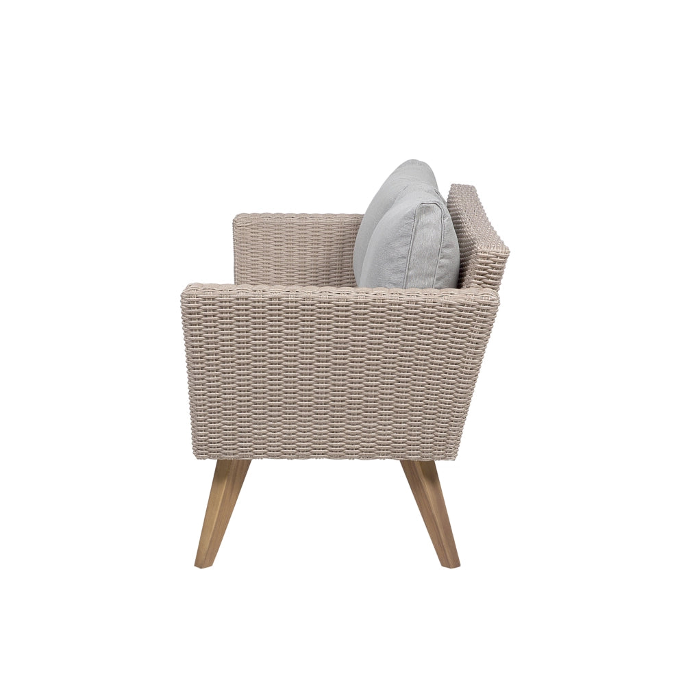 Set Esterno Rattan di colore Marrone Divanetto 2 Poltrone Tavolino Cuscini Grigi terrazzo giardino