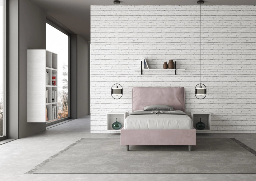 BS COM Letto una piazza e mezza con rete imbottito 130x190 microfibra glicine Large