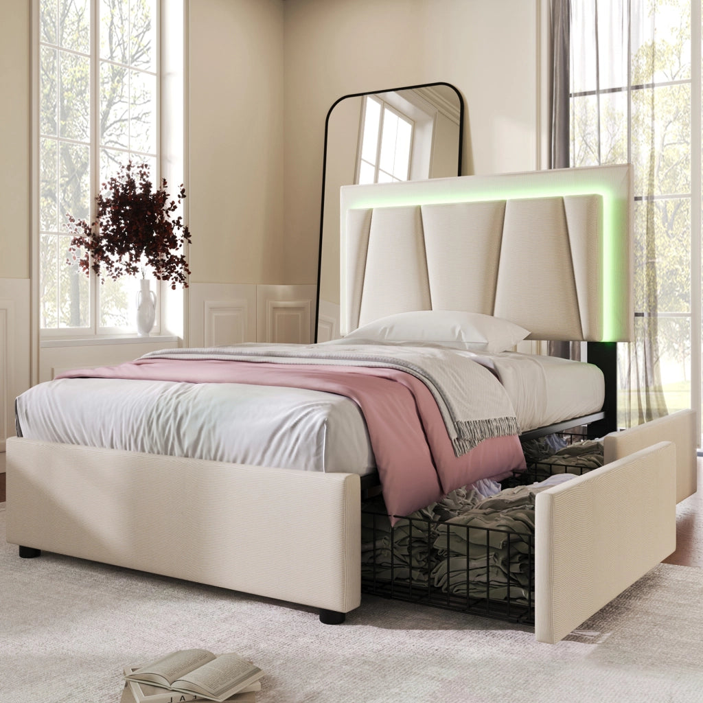 OKWISH Letto Singolo con Cassetti 90×200 cm con LED, 2 Cassetti, Testiera Regolabile e Telecomando, senza Materasso, Beige