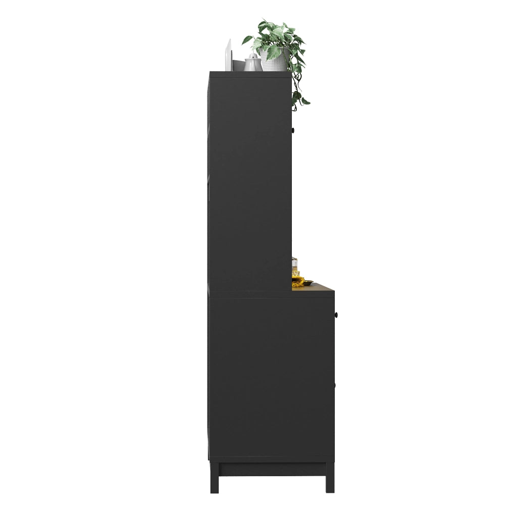 Credenza alta con 4 cassetti; ripiani regolabili e ante in vetro con LED RGB per cucina e soggiorno; 140×38.5×180 cm
