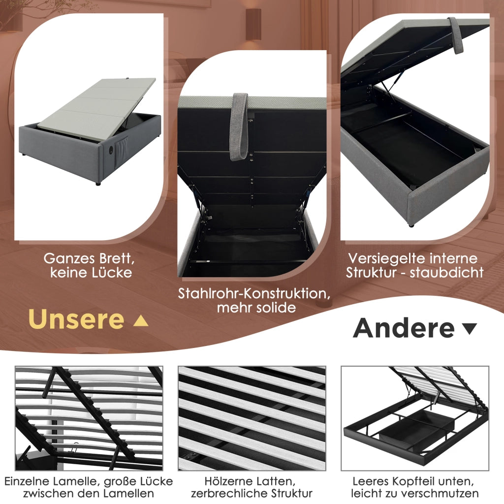 LETTO contenitore 90x200 cm con USB e Type-C tessuto grigio