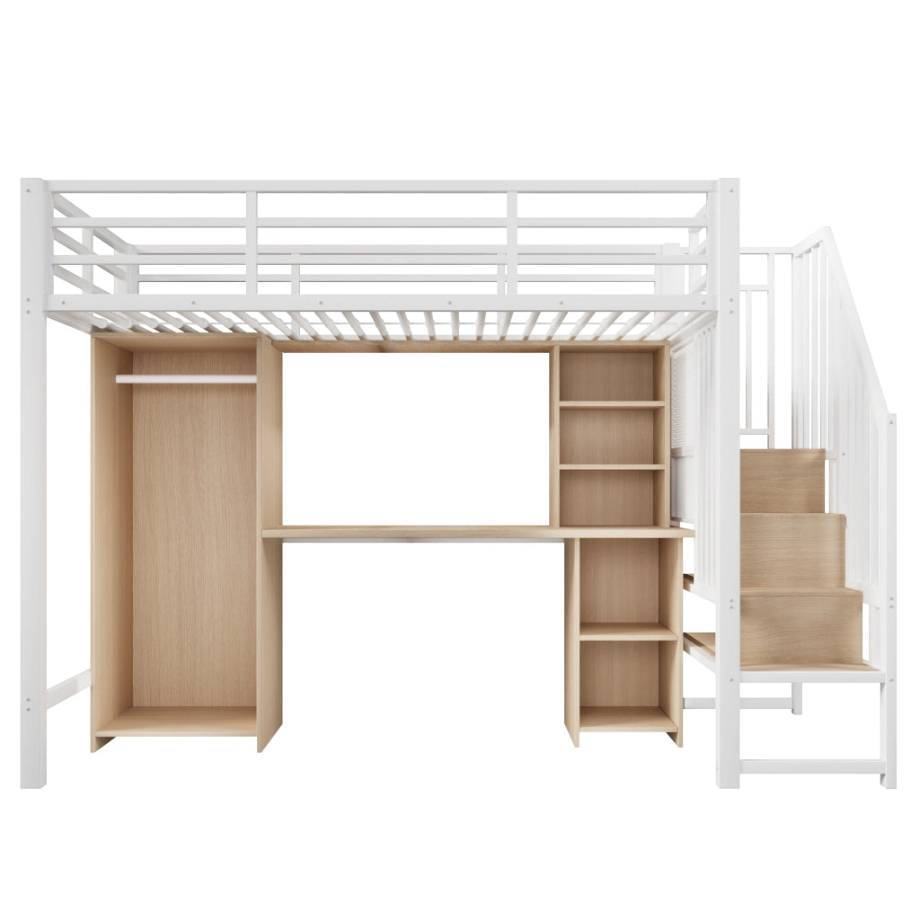 Letto a soppalco con armadio e scrivania - Zephmum- 90x200 cm, struttura in ferro, spazio di archiviazione, bianco
