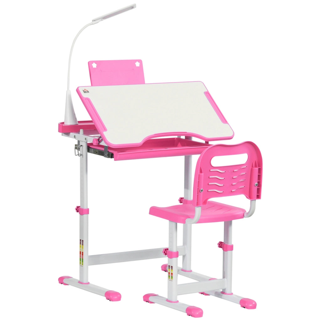 Banco Scuola Regolabile con Sedia per Bambini 6-12 Anni, 70x49.5x80-105 cm, Rosa