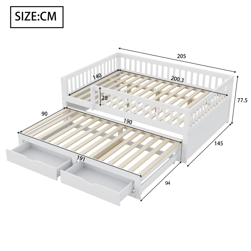 DESMIU Letto 140 × 200 cm con letto estraibile, 2 cassetti, senza materasso, in legno, bianco