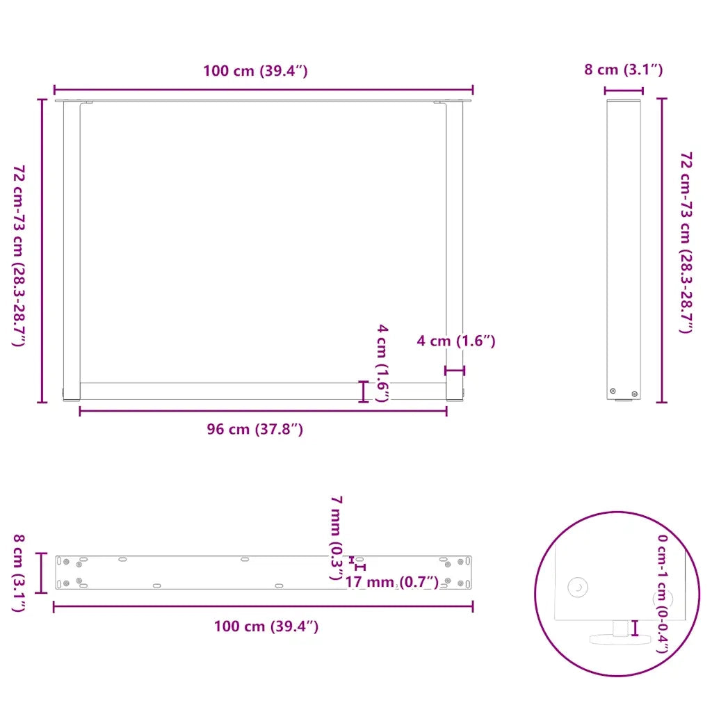 Gambe per tavolo da pranzo a forma di U 2 pz | Piede del tavolo in acciaio naturale 100x(72-73) cm