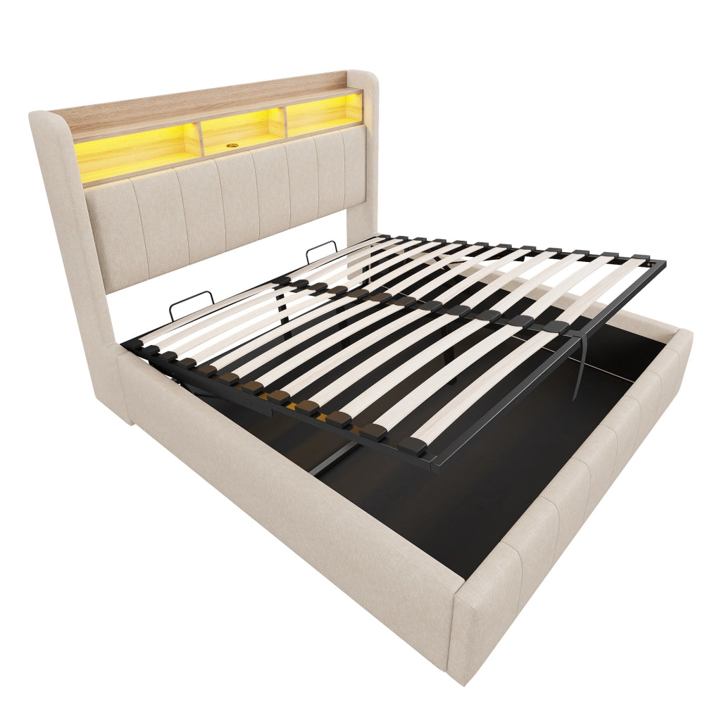 Letto imbottito 160x200 cm con LED, USB/Type-C e vano contenitore