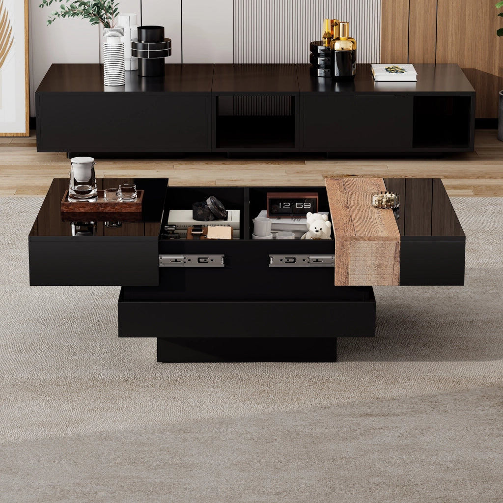 Tavolino da caffè quadrato con vano estraibile - per soggiorno - 70x70x39 cm - nero