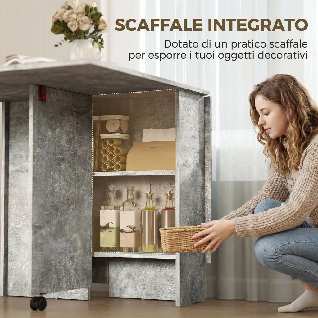 Tavolo da Pranzo Pieghevole con Ripiani, Ribalta e Ruote, Grigio Cemento