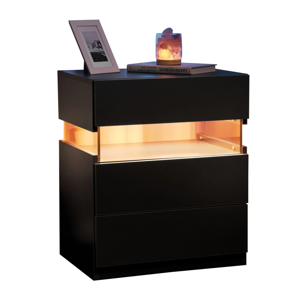 COMODINO LED 3 Cassetti Nero in Legno ingegnerizzato
